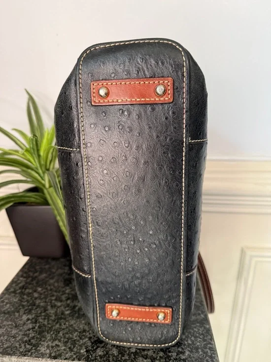 Dooney & Bourke Lexington Black Ostrich Style Leather Brown Trim Tote Bag - Picture 4 of 13